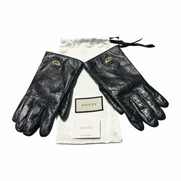 Gucci Black Lambskin Leather Interlocking G Gloves Size S/8.5 - Picture 1 of 14